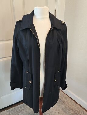 Michael Kors Black Zip-Front Trench Coat with Gold Hardware
